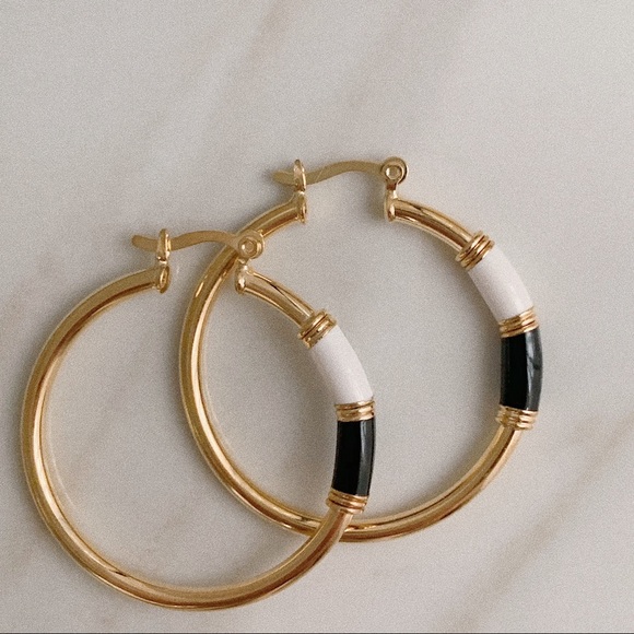 Black White Enamel Tube Hoops | 18k Gold Filled - Picture 3 of 6